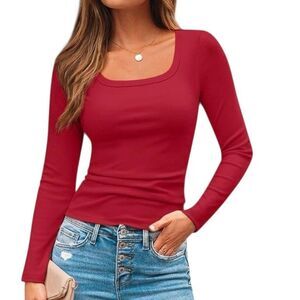 Automet Square Neck Rib Knit Top T Shirt Blouse Red XS